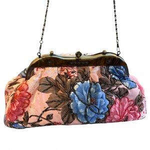 Floral Embroidered Beaded Shoulder Clutch Bag - Pink and Blue Brown Beads